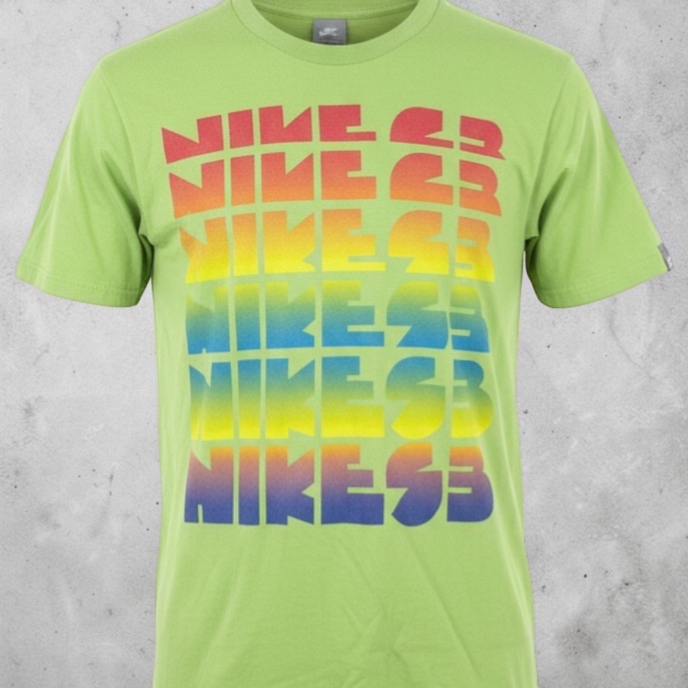 Nike‎ SB T Shirt Mens L Neon Green Rainbow Logo Graphic Skate Tee